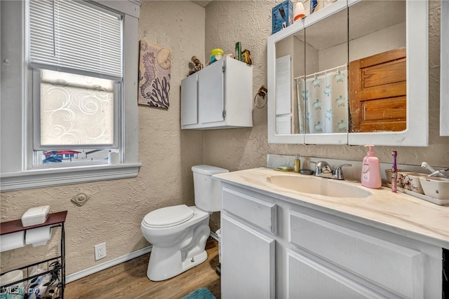 1821 E 30th St, Lorain, OH 44055 - full bathroom with wood finished floors, a textured wall, toilet, vanity, and baseboards