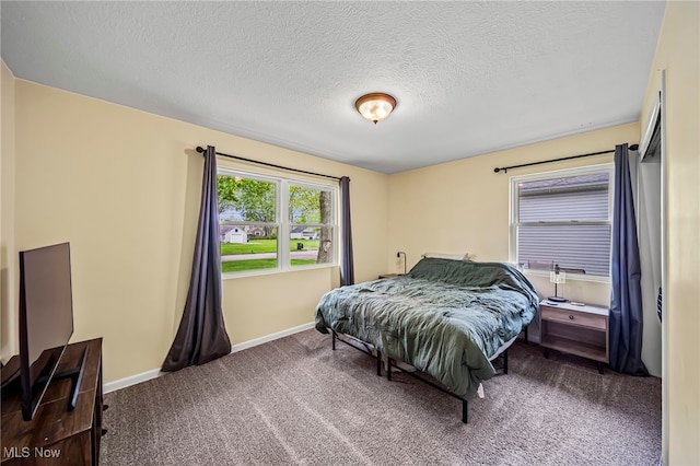 bedroom featuring carpet floors, a textured ceiling, and baseboards