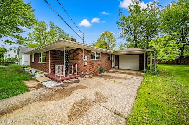 single story home with brick siding, an attached garage, and concrete driveway