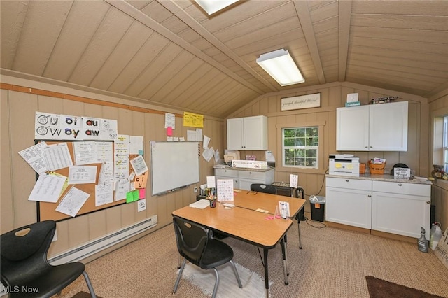 1152 Terraho Dr, Salem, OH 44460 - home office with a baseboard radiator, lofted ceiling, wooden walls, light carpet, and wood ceiling