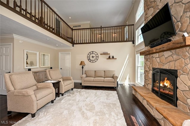 1152 Terraho Dr, Salem, OH 44460 - living room with dark wood finished floors, a stone fireplace, ornamental molding, baseboards, and a towering ceiling