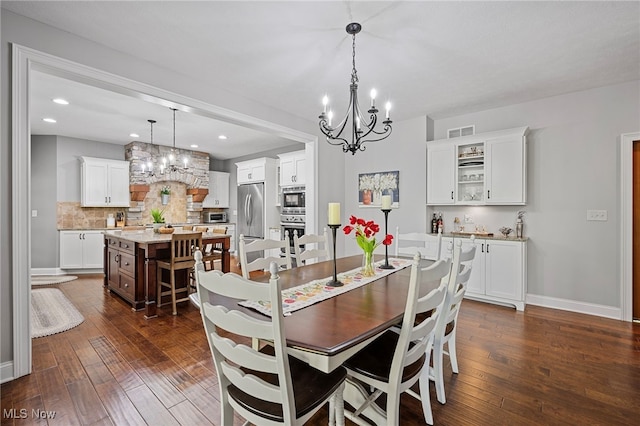15020 Steelhead Run, Chardon, OH 44024 - dining area with a chandelier, dark wood-style floors, baseboards, and recessed lighting