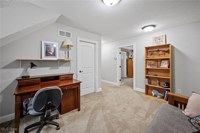 15020 Steelhead Run, Chardon, OH 44024 - home office with light colored carpet, a textured ceiling, and baseboards