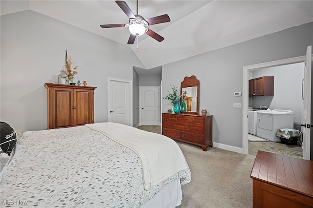 15020 Steelhead Run, Chardon, OH 44024 - bedroom with lofted ceiling, washer and dryer, light carpet, baseboards, and ceiling fan