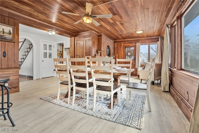 555 E Milton St, Alliance, OH 44601 - dining room with wood ceiling, wooden walls, stairway, light wood finished floors, and a ceiling fan