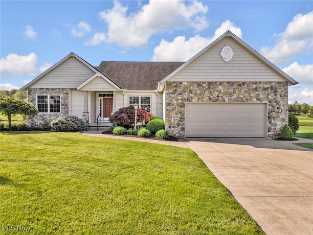 2135 Championship Cir SE, Massillon, OH 44646 - single story home featuring stone siding, concrete driveway, a garage, a front lawn, and a shingled roof
