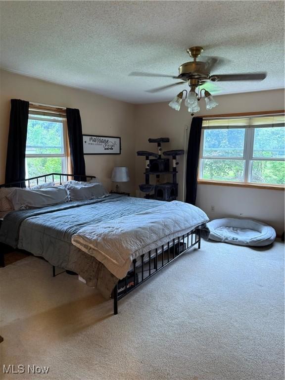 bedroom featuring carpet floors, a textured ceiling, and ceiling fan