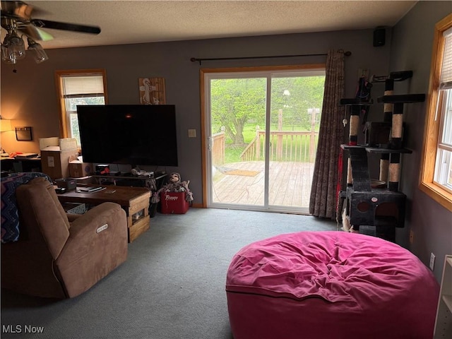 living area with carpet floors, a ceiling fan, and healthy amount of natural light