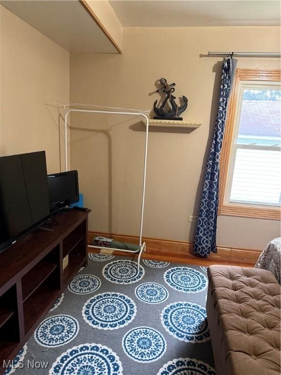 living area with baseboards and wood finished floors