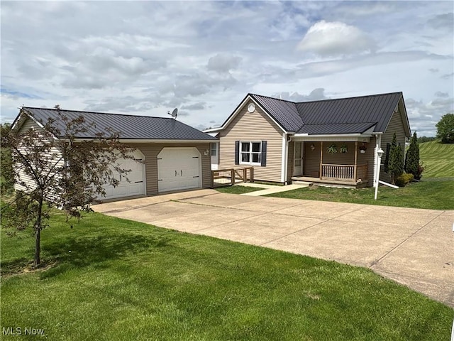 11153 Pleasant Rd, Pleasant City, OH 43772 - ranch-style home featuring driveway, metal roof, a front yard, a porch, and an attached garage