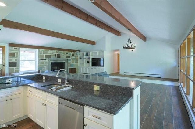 31 Garden Park Dr, Chagrin Falls, OH 44022 - kitchen featuring dishwasher, a sink, open floor plan, baseboard heating, and white cabinetry