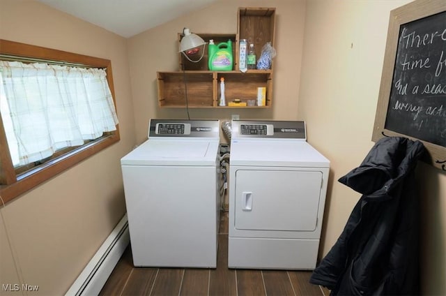 31 Garden Park Dr, Chagrin Falls, OH 44022 - laundry room with independent washer and dryer, a baseboard radiator, and dark wood finished floors