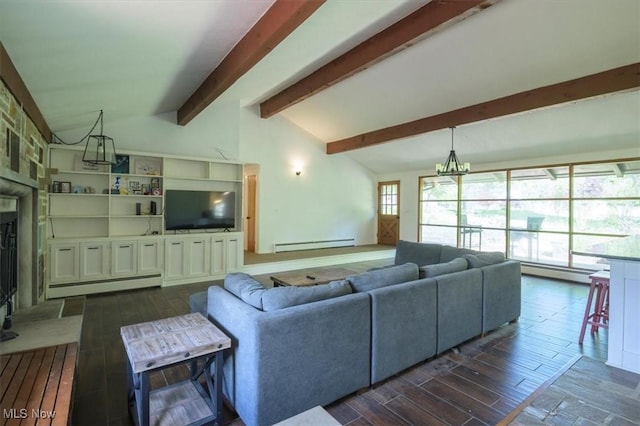 31 Garden Park Dr, Chagrin Falls, OH 44022 - living room with baseboard heating, a baseboard radiator, dark wood-style flooring, and a chandelier