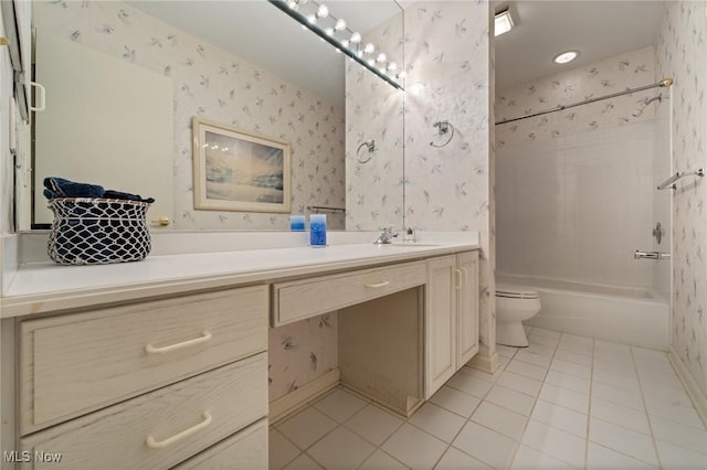 540 Bent Creek Oval, Aurora, OH 44202 - full bath featuring wallpapered walls, tile patterned floors, toilet, vanity, and shower / tub combination