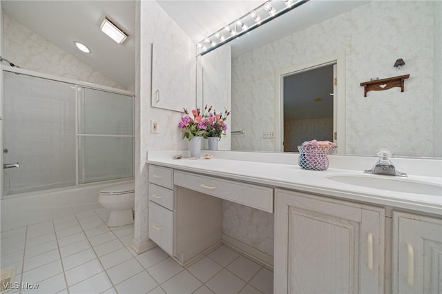 540 Bent Creek Oval, Aurora, OH 44202 - full bathroom with tile patterned flooring, wallpapered walls, vanity, toilet, and combined bath / shower with glass door