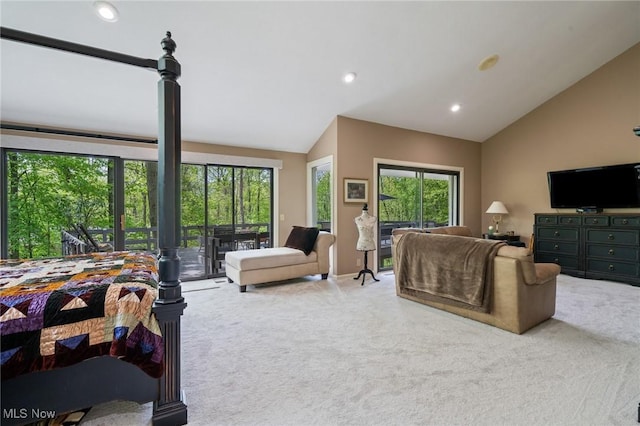 540 Bent Creek Oval, Aurora, OH 44202 - bedroom featuring lofted ceiling, carpet flooring, access to outside, and recessed lighting