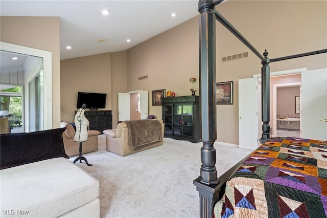 540 Bent Creek Oval, Aurora, OH 44202 - bedroom featuring carpet flooring, high vaulted ceiling, recessed lighting, and baseboards