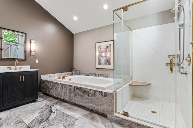 540 Bent Creek Oval, Aurora, OH 44202 - full bath with a stall shower, marble finish flooring, a garden tub, vanity, and vaulted ceiling