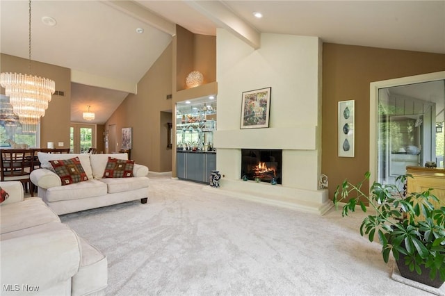 540 Bent Creek Oval, Aurora, OH 44202 - living room featuring carpet, a chandelier, beamed ceiling, high vaulted ceiling, and baseboards