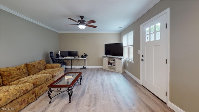 416 Elm St Unit B, Belpre, OH 45714 - living room with light wood-style flooring, ceiling fan, baseboards, ornamental molding, and an office area