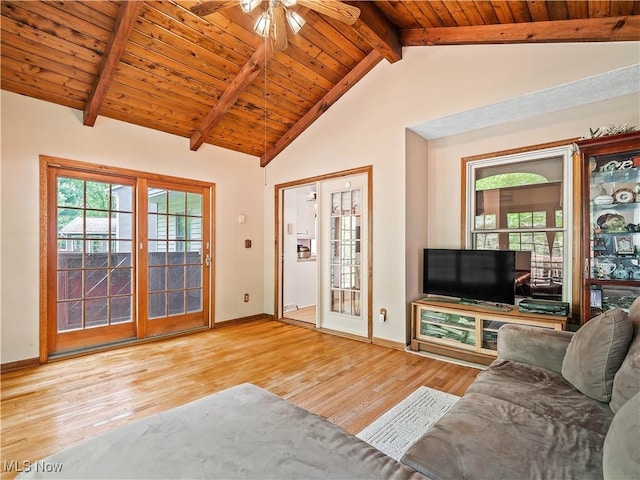 21428 Montclare Blvd, Strongsville, OH 44149 - living room featuring wood finished floors, baseboards, ceiling fan, and wood ceiling