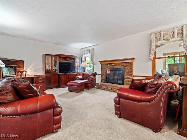21428 Montclare Blvd, Strongsville, OH 44149 - living room with a brick fireplace, carpet flooring, and a textured ceiling