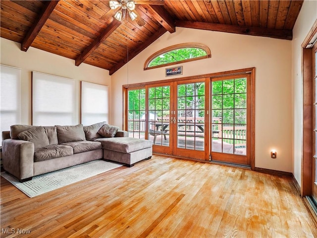 21428 Montclare Blvd, Strongsville, OH 44149 - living area with wood finished floors, a ceiling fan, beam ceiling, high vaulted ceiling, and wooden ceiling
