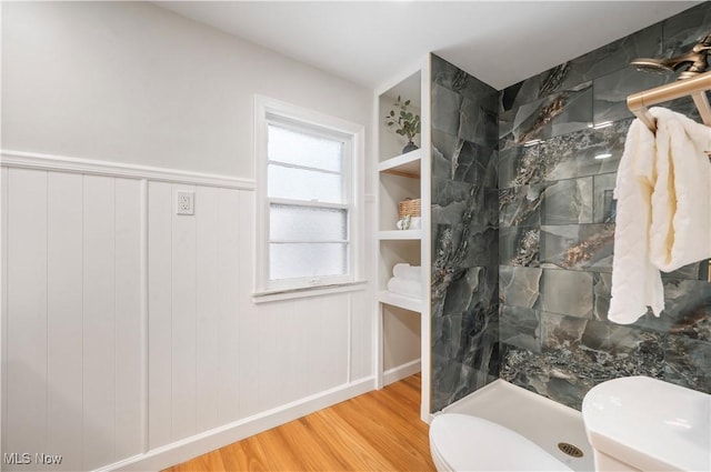 2400 Saybrook Rd, University Heights, OH 44118 - full bath with a walk in shower, wood finished floors, toilet, and wainscoting