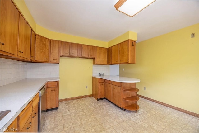 1655 Calder Ridge Rd, Belpre, OH 45714 - kitchen with brown cabinetry, light flooring, open shelves, and decorative backsplash