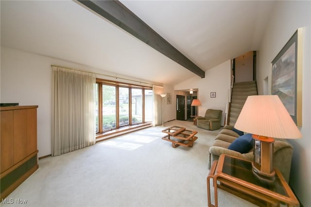 living room with carpet flooring and stairway