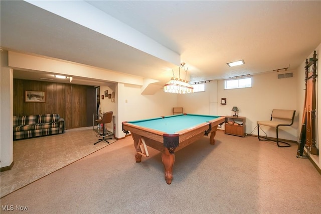 rec room featuring billiards and wood walls