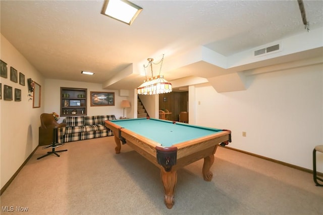 rec room featuring billiards table, carpet floors, baseboards, and a textured ceiling
