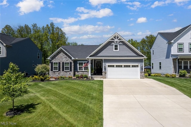 craftsman inspired home with stone siding, a front lawn, driveway, and a garage