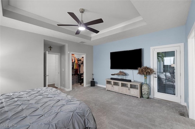 bedroom featuring a raised ceiling, carpet, a spacious closet, baseboards, and a closet