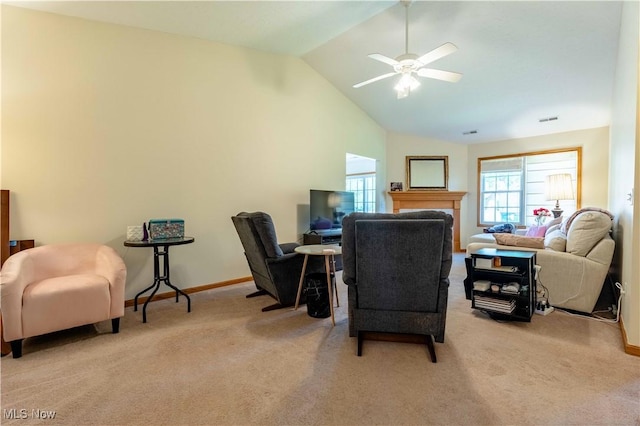 1402 SW Channonbrook St SW, Canton, OH 44710 - home office featuring lofted ceiling, light carpet, a ceiling fan, baseboards, and a fireplace