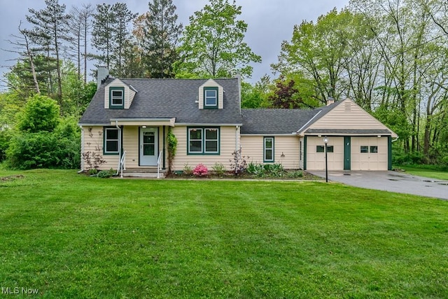 11402 Chillicothe Rd, Chesterland, OH 44026 - cape cod home with an attached garage, a front yard, asphalt driveway, a chimney, and a shingled roof