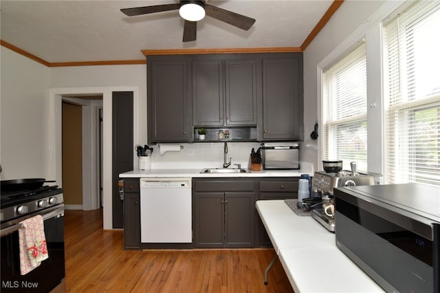 kitchen with stainless steel appliances, a sink, ornamental molding, light countertops, and a ceiling fan