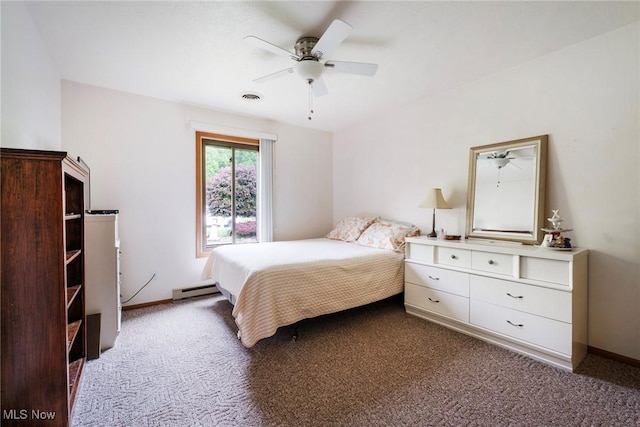 carpeted bedroom featuring a baseboard heating unit, baseboards, and ceiling fan