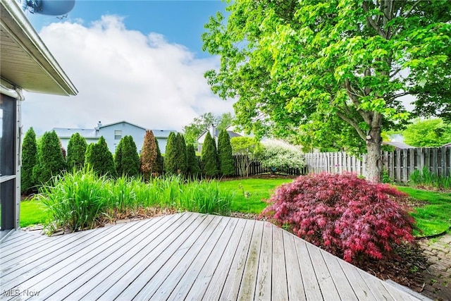 wooden terrace with a fenced backyard