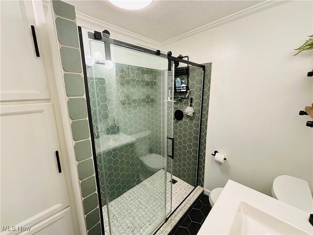 211 Kenwood St, Marietta, OH 45750 - full bathroom featuring toilet, crown molding, a stall shower, tile patterned flooring, and a textured ceiling