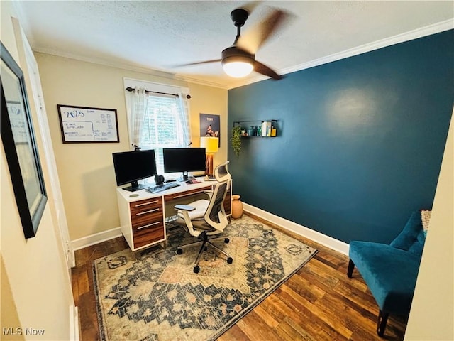 211 Kenwood St, Marietta, OH 45750 - office with ornamental molding, ceiling fan, wood finished floors, baseboards, and a textured ceiling
