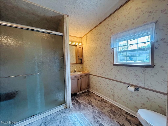 2270 S Commodore Ct, Lakeside-Marblehead, OH 43440 - full bath featuring a shower stall, vanity, toilet, a textured ceiling, and lofted ceiling