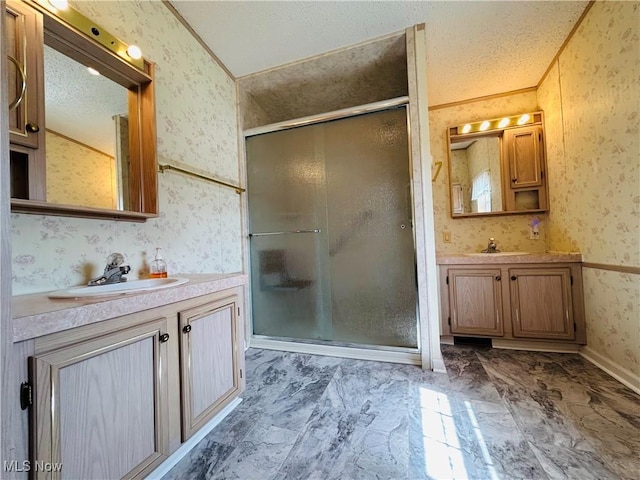 2270 S Commodore Ct, Lakeside-Marblehead, OH 43440 - bathroom with a shower stall, two vanities, and wallpapered walls