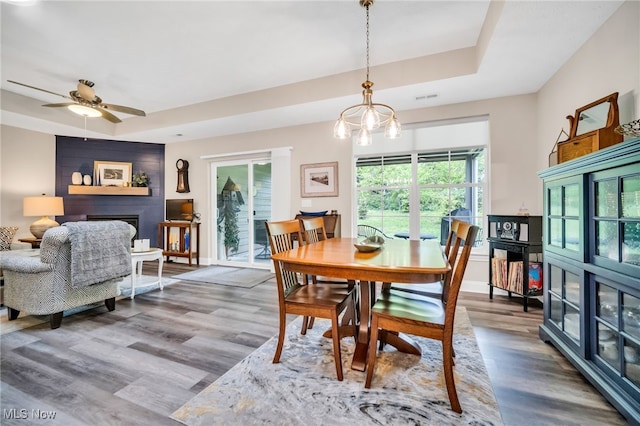 dining room with a raised ceiling, wood finished floors, a fireplace, and a ceiling fan