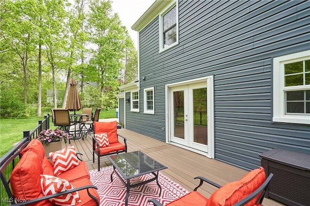 7304 Glastonbury Dr, Hudson, OH 44236 - wooden terrace with outdoor dining space, french doors, and a lawn