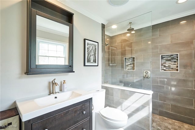 7304 Glastonbury Dr, Hudson, OH 44236 - bathroom featuring crown molding, vanity, walk in shower, toilet, and recessed lighting