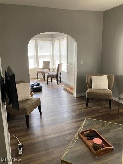 566 N Walnut St, Wooster, OH 44691 - living area featuring arched walkways, wood finished floors, and baseboards