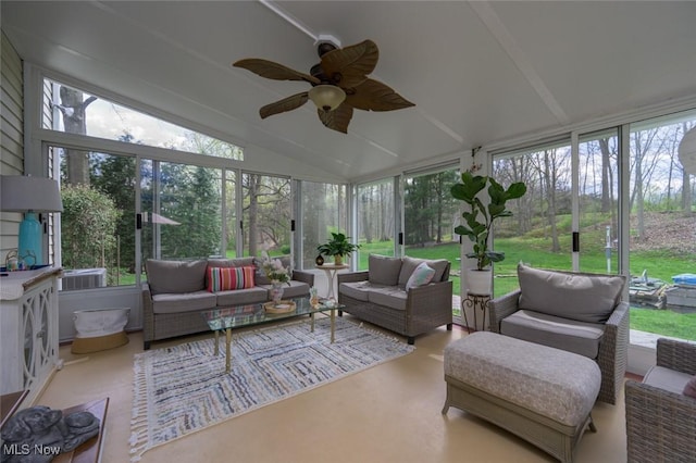 6352 Creekside Trl, Solon, OH 44139 - sunroom with outdoor lounge area, a ceiling fan, and lofted ceiling