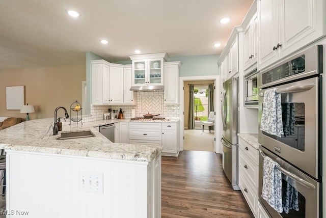 kitchen with a sink, a peninsula, dark wood finished floors, stainless steel appliances, and white cabinets