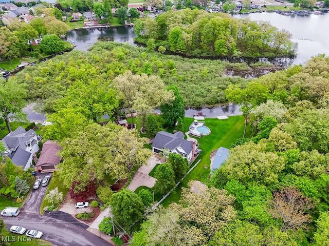 aerial perspective of suburban area with a large body of water and a tree filled landscape
